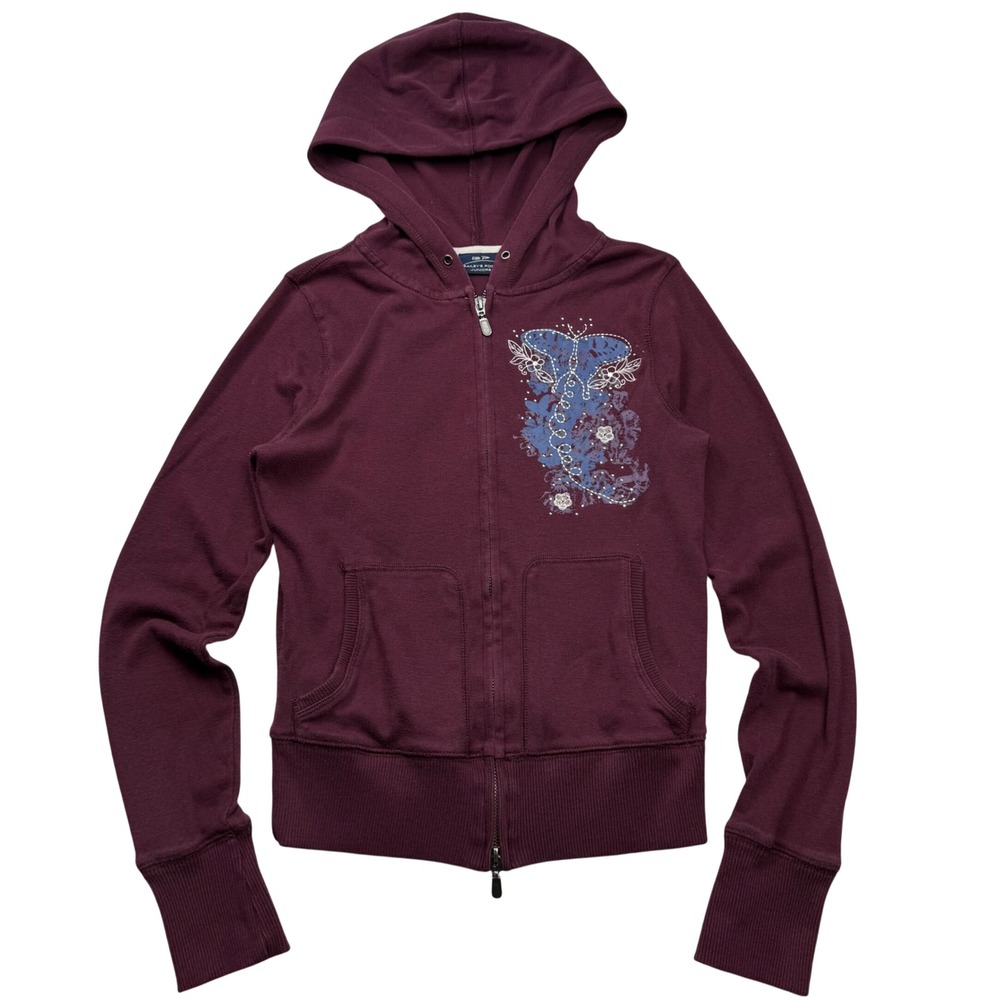 VTG Y2K Baileys Point Juniors Burgundy Butterfly Graphic Zip Up Hoodie Small S